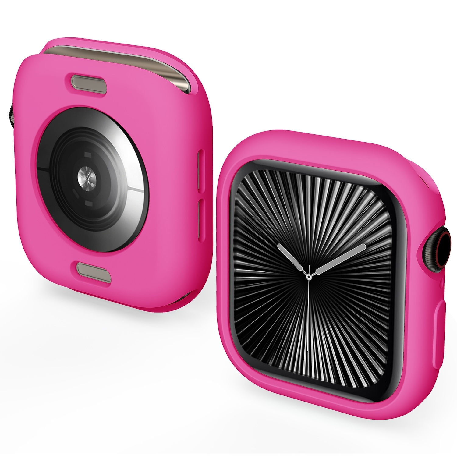 Custodia rosa per smartwatch con quadrante visibile su sfondo bianco.