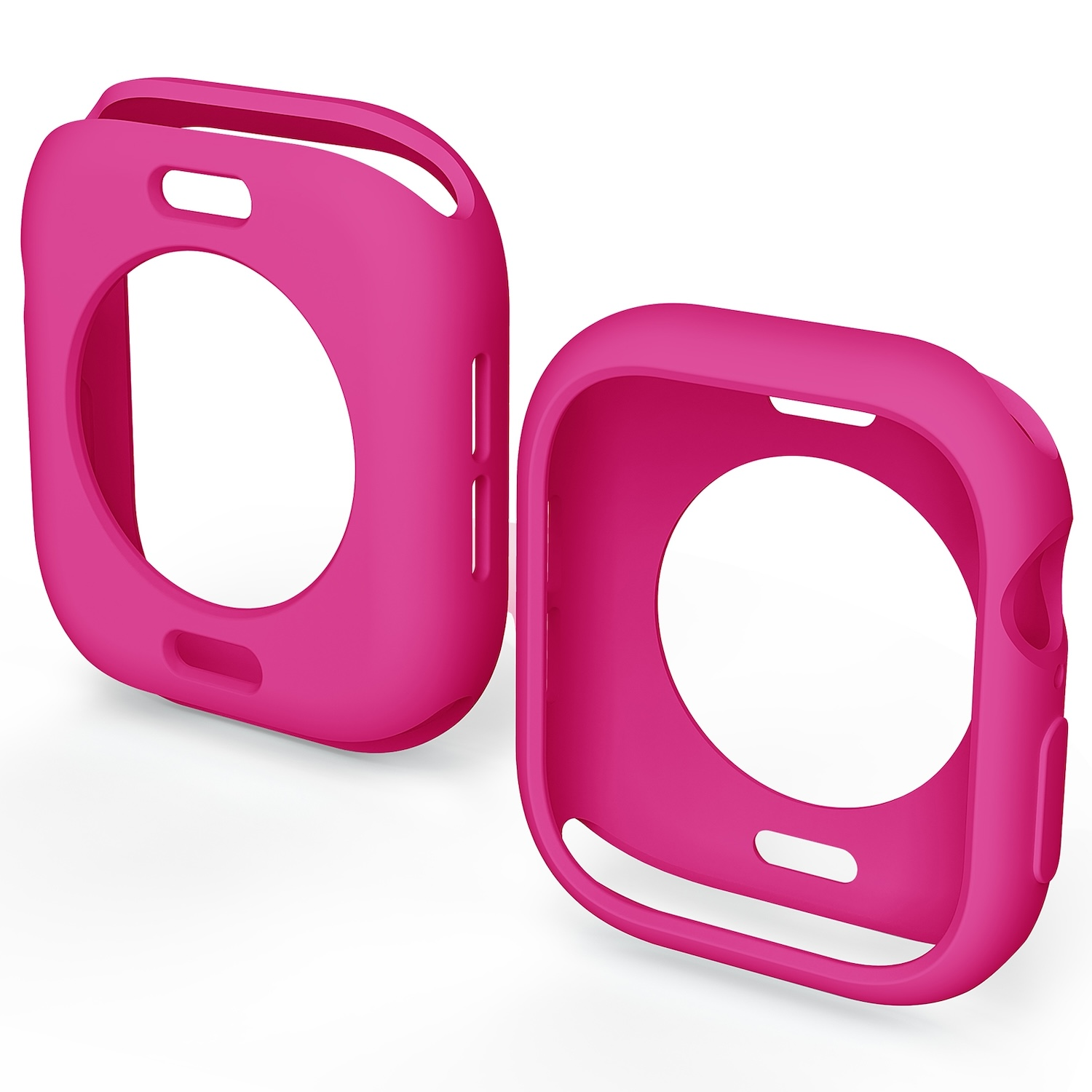 Due custodie in silicone rosa, probabilmente per smartwatch, su sfondo bianco.