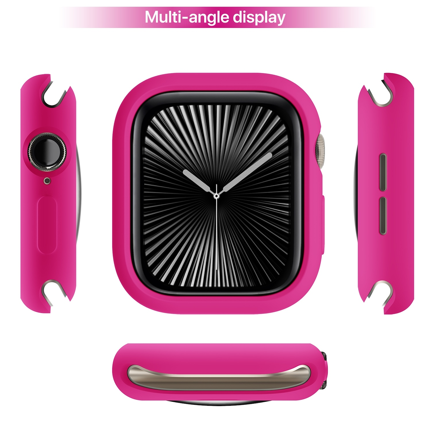 Custodia rosa per smartwatch da più angolazioni, con schermo nero.