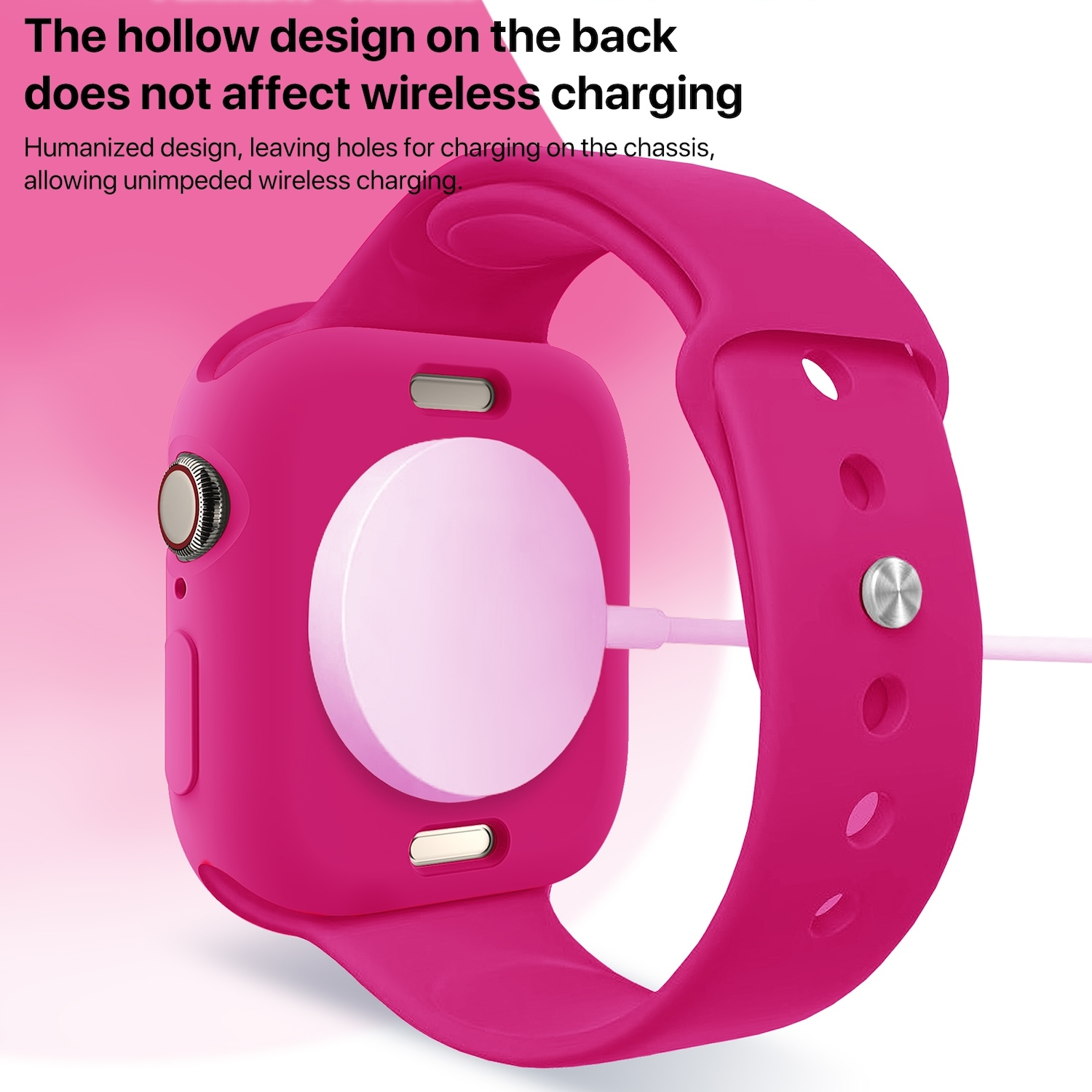 Smartwatch rosa con caricatore e cinturino.