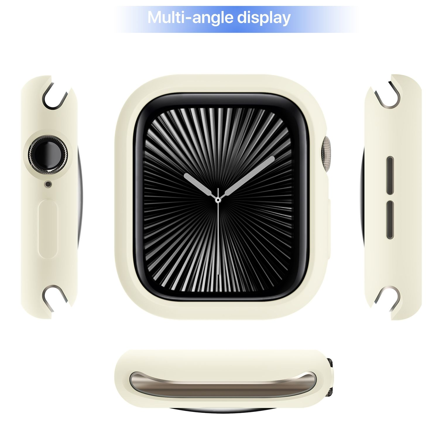 Cremefarbenes Uhrengehäuse, verschiedene Ansichten, schützt eine Smartwatch mit schwarzem Bildschirm.
