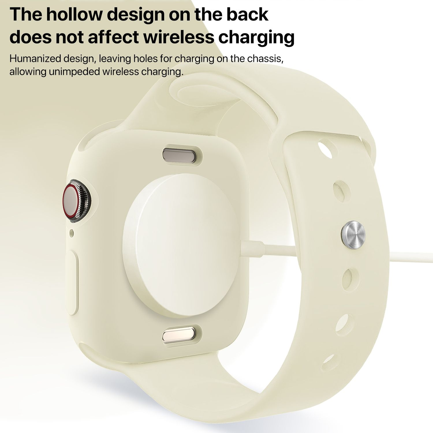 Cremefarbene Smartwatch mit weißem Ladepad, Armband befestigt.