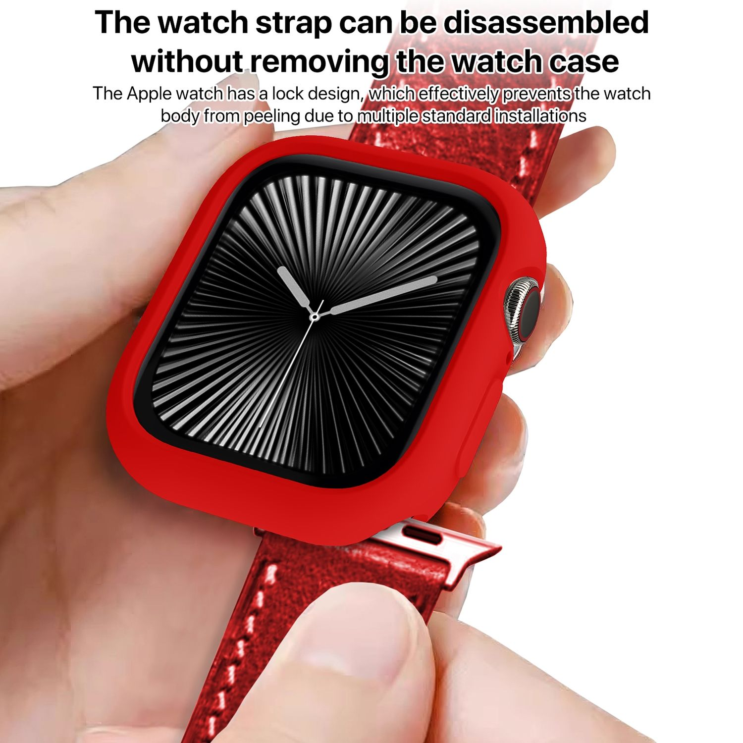 Cassa dell'orologio rossa su cinturino in pelle rossa. Il quadrante dell'orologio è bianco con lancette nere.