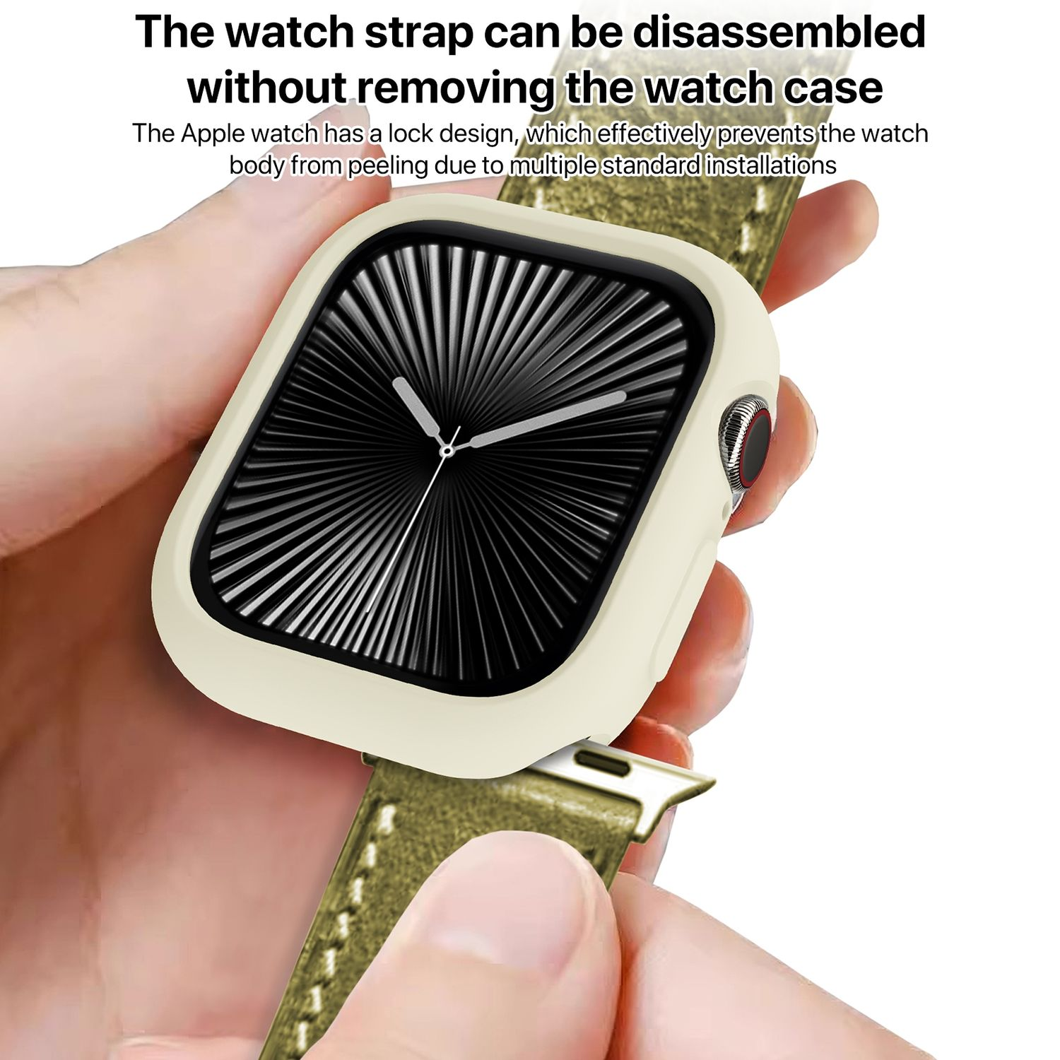 Uhrengehäuse mit Armband zeigt ein weißes Uhrengehäuse mit grünem Armband. Das Armband kann entfernt werden.