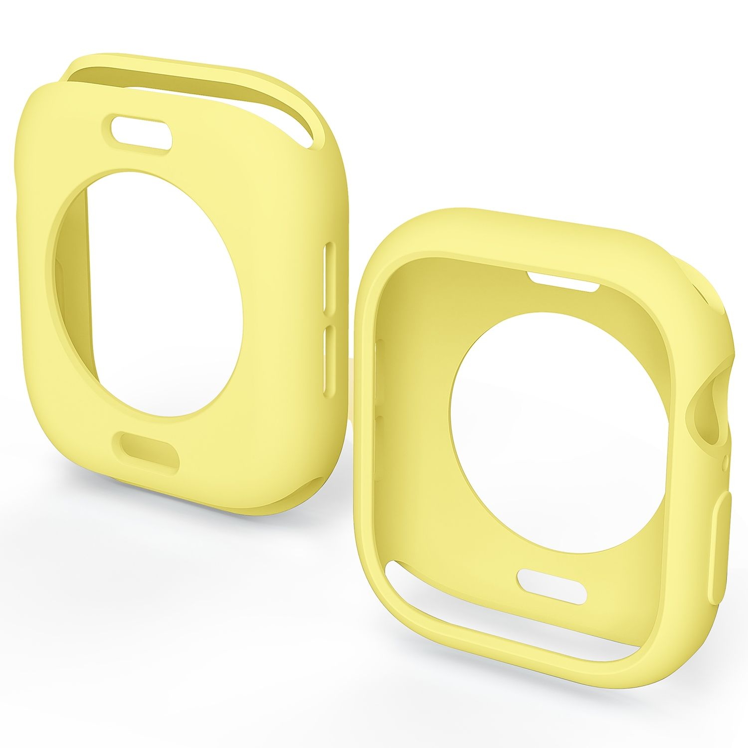 Zwei gelbe Schutzhüllen für eine Smartwatch. Jede hat Öffnungen für Bildschirm und Knöpfe.