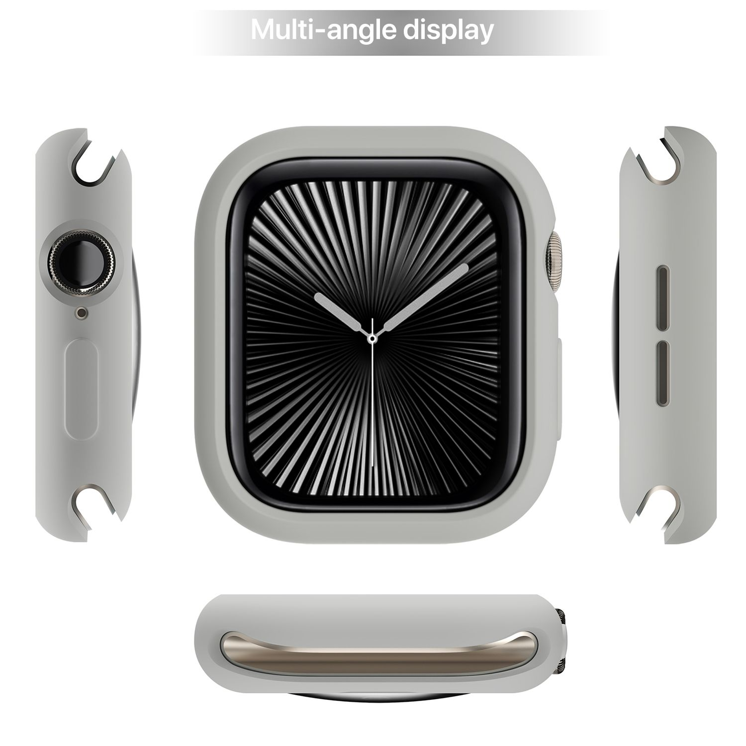 Mehrere Ansichten eines grauen Apple Watch-Gehäuses. Text „Multi-Winkel-Anzeige“ darüber.