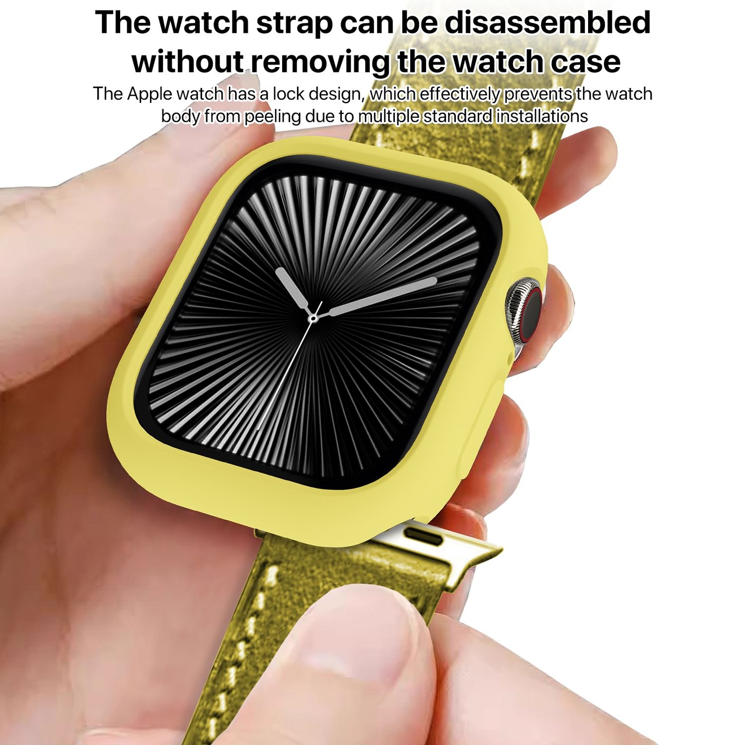 Gelbe Uhrenhülle auf grünem Uhrenarmband. Text: 'Das Uhrenarmband kann demontiert werden...'. Weißer Hg.