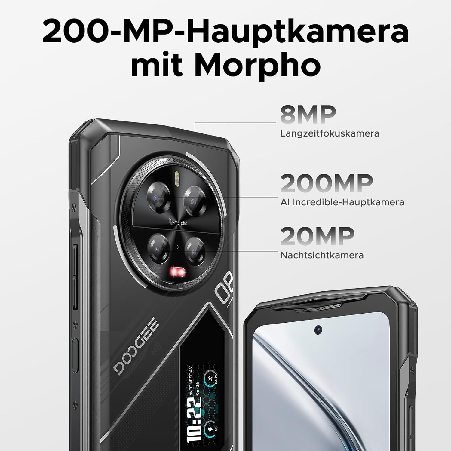 Smartphone nero con tre fotocamere. Il testo mostra i megapixel della fotocamera.
