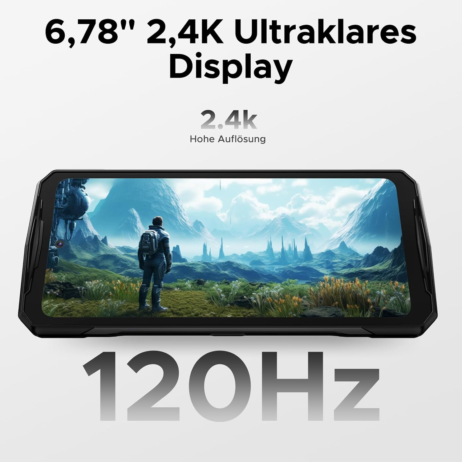 Smartphone con un'immagine dettagliata del paesaggio e testo che indica le funzionalità 2.4K e 120Hz.