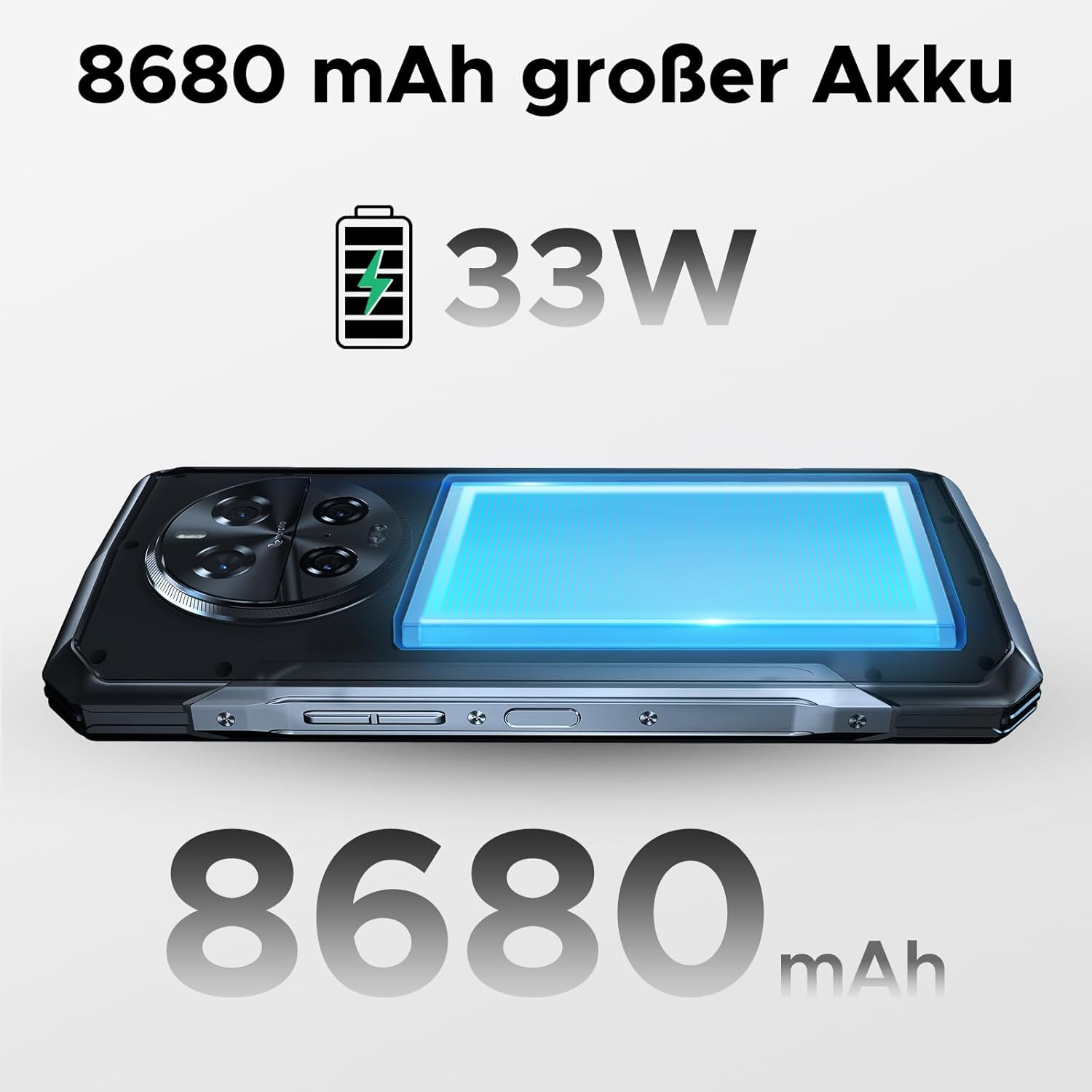 Telefono nero con schermo blu, che mostra la capacità della batteria. Testo: 8680 mAh.