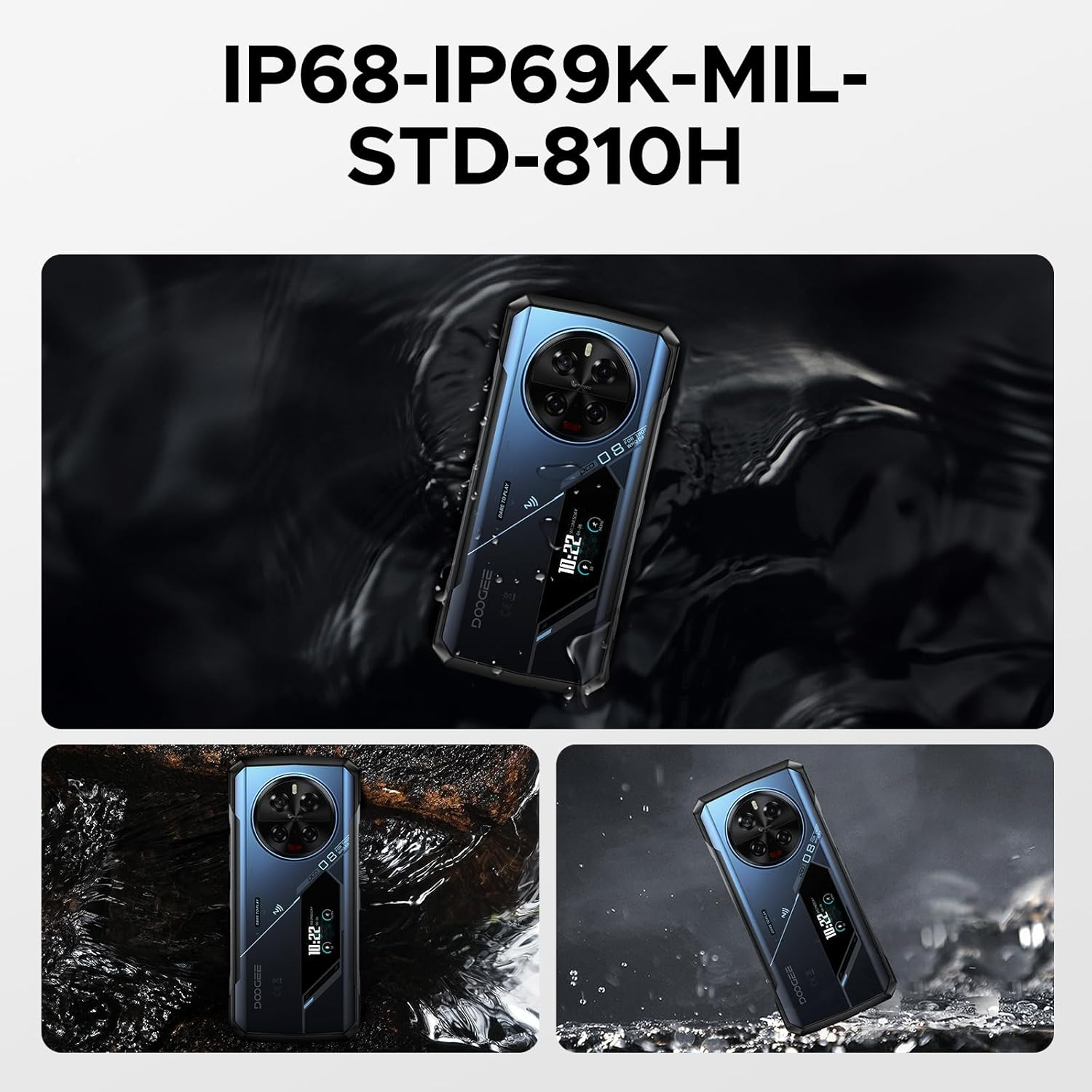 Un telefono robusto nell'acqua, con primi piani. Il testo mostra IP68-IP69K-MIL-STD-810H. Blu scuro.