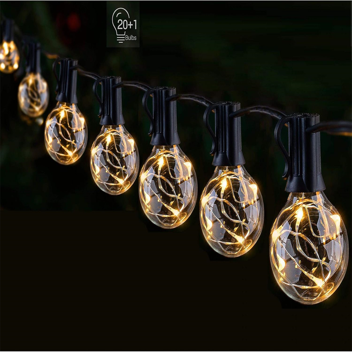 Lichterkette mit 20+ Glühbirnen. Jede Glühbirne ist transparent mit glühendem Glühfaden.