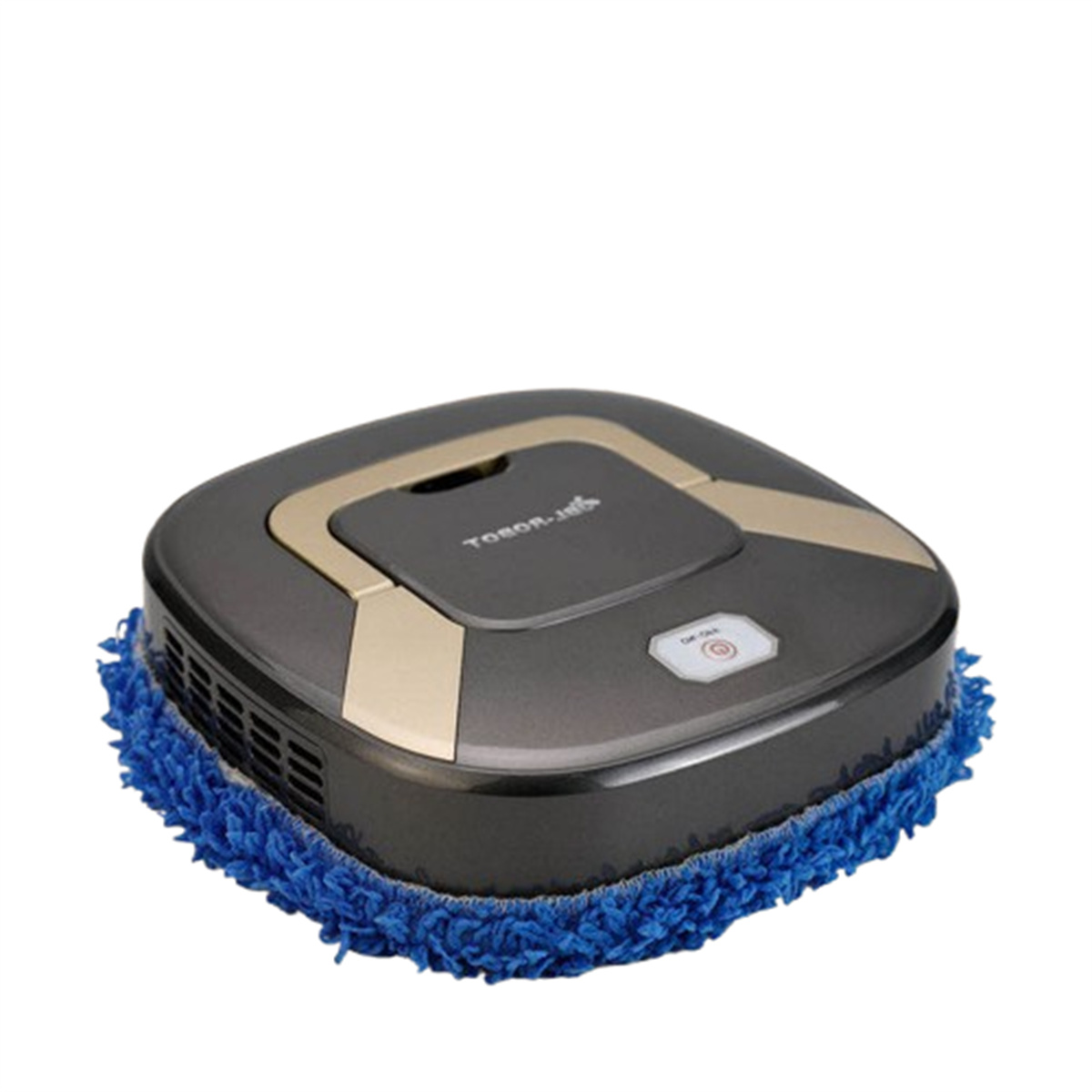 Ein dunkelgrauer Roboterstaubsauger mit blauem Fransen. Er hat eine goldfarbene Oberseite und einen Knopf.