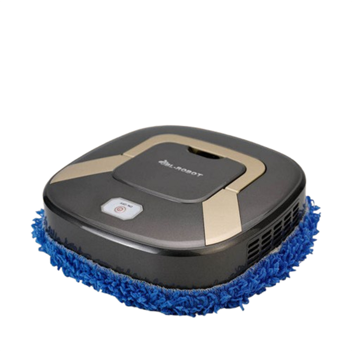 Ein dunkelgrauer Roboter-Staubsauger mit einem blauen Reinigungspad.