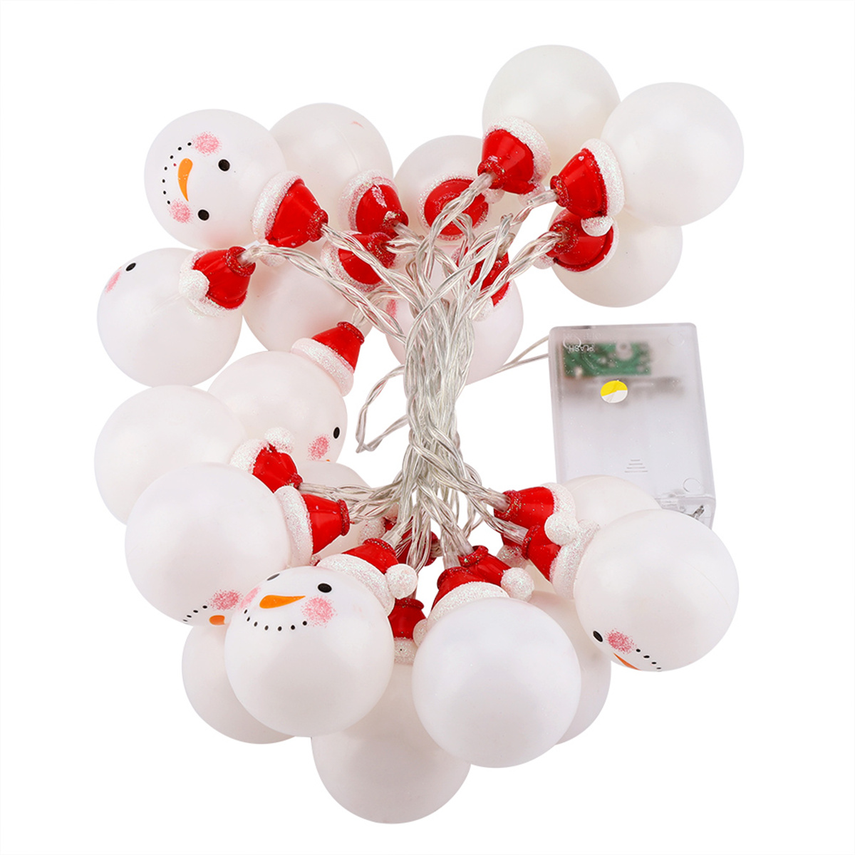 Lichterkette mit weißen Schneemann-Birnen, roten Hüten und einem Netzteil.