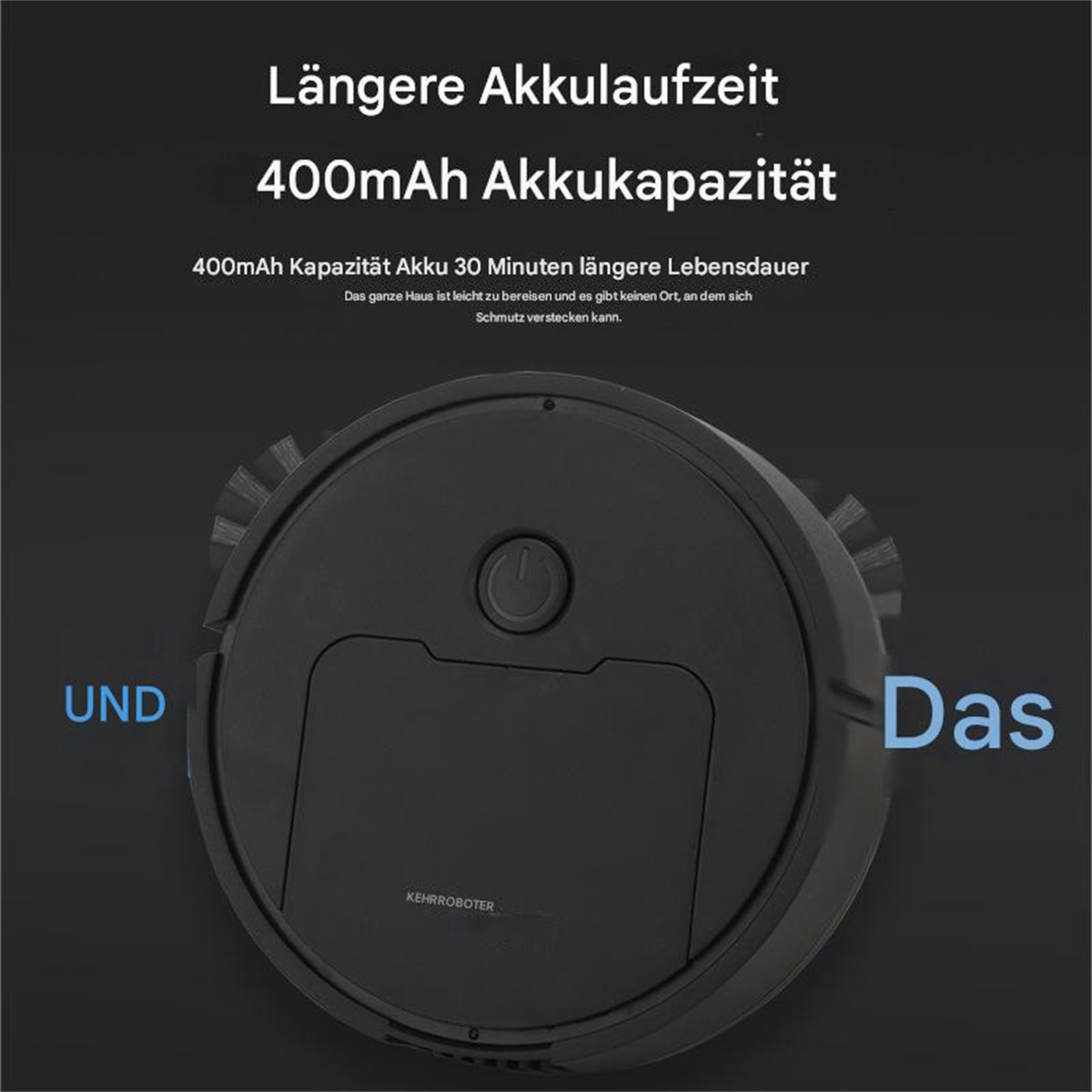 Ein schwarzer Roboter-Staubsauger mit Text, einschließlich eines Bildes des Staubsaugers.