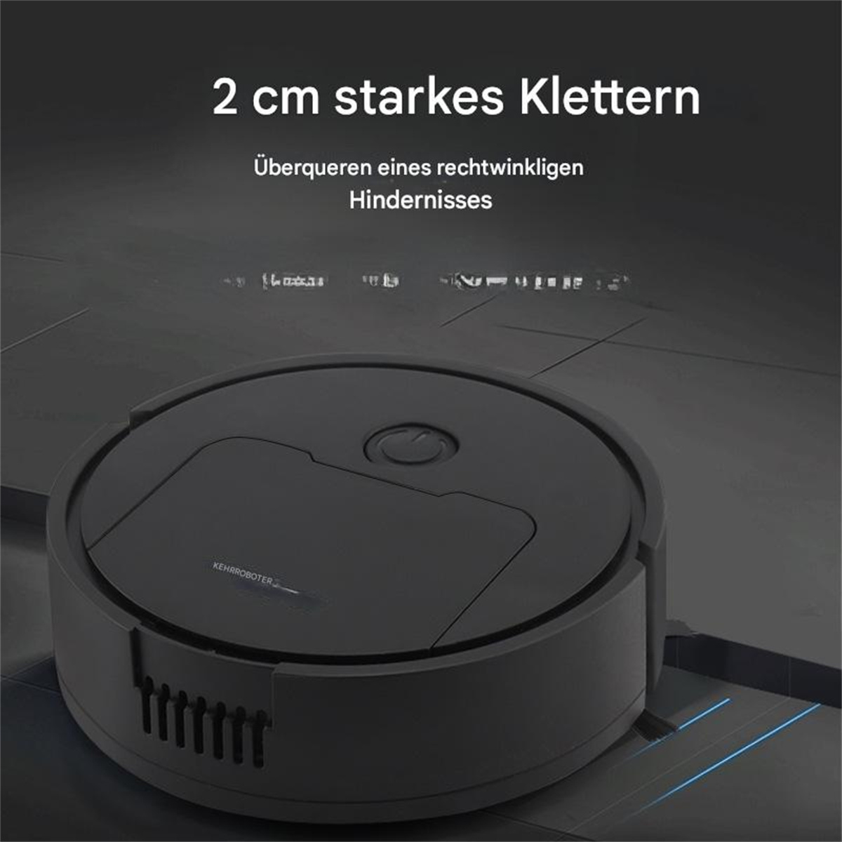 Schwarzer Roboter-Staubsauger auf einem Boden. Text auf Deutsch über Hindernisse.