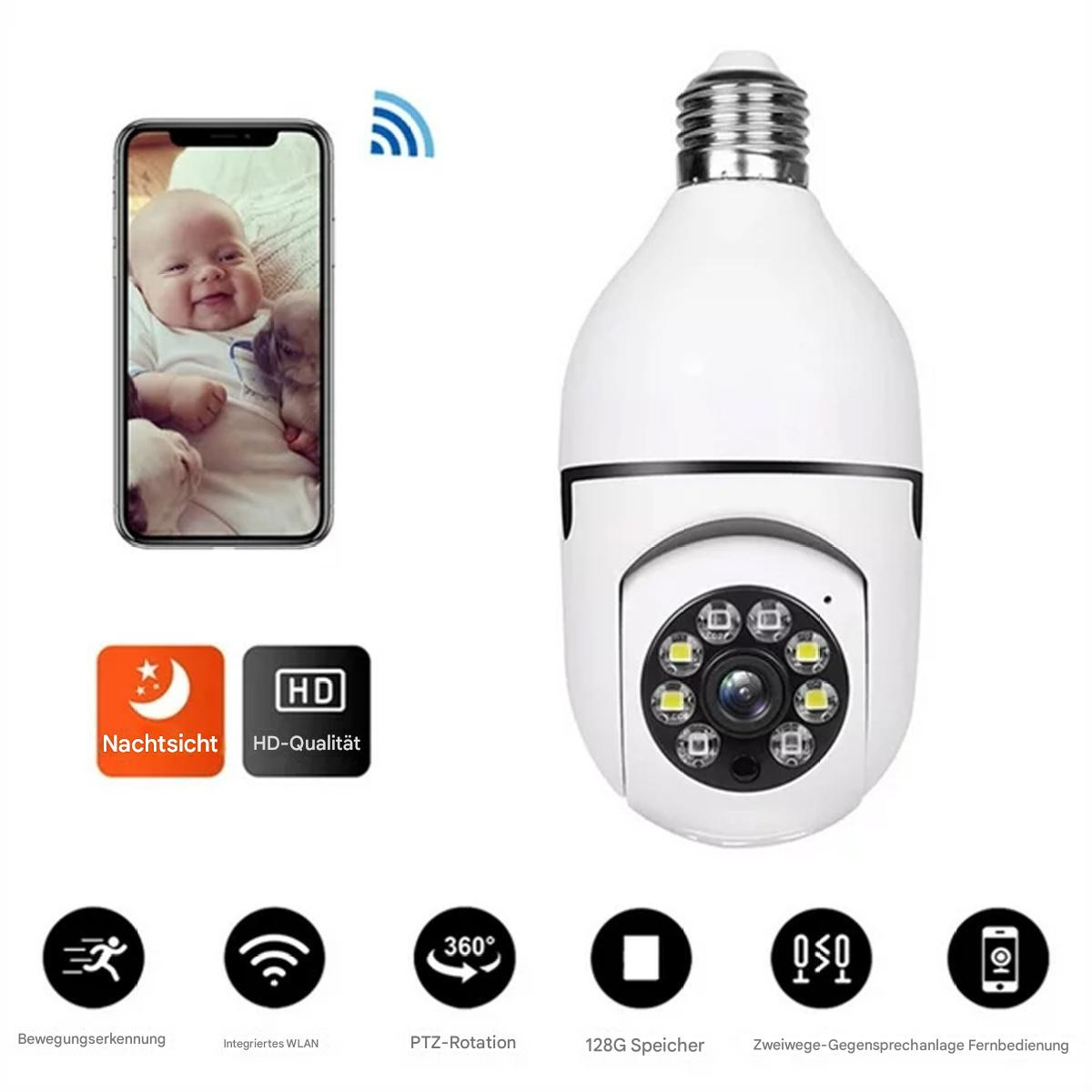 Eine weiße Glühlampenkamera mit einem Smartphone, das ein Baby und Symbole zeigt.