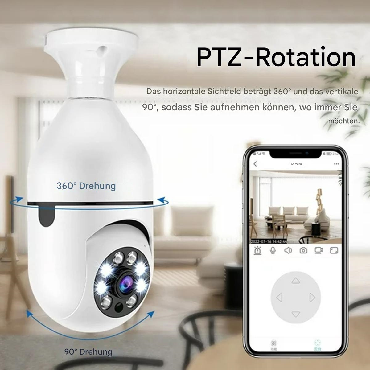 Eine weiße PTZ-Kamera zeigt einen Live-Feed auf einem Smartphone. Der Text zeigt eine 360°-Drehung an.