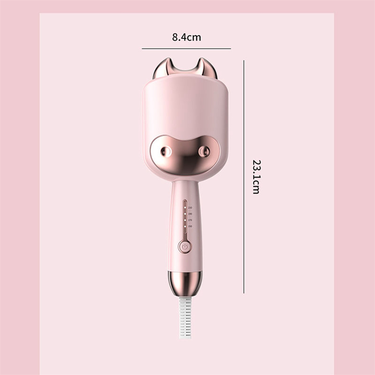 Ein rosa Haarglätter in Form eines Katzenkopfes mit beschrifteten Abmessungen.