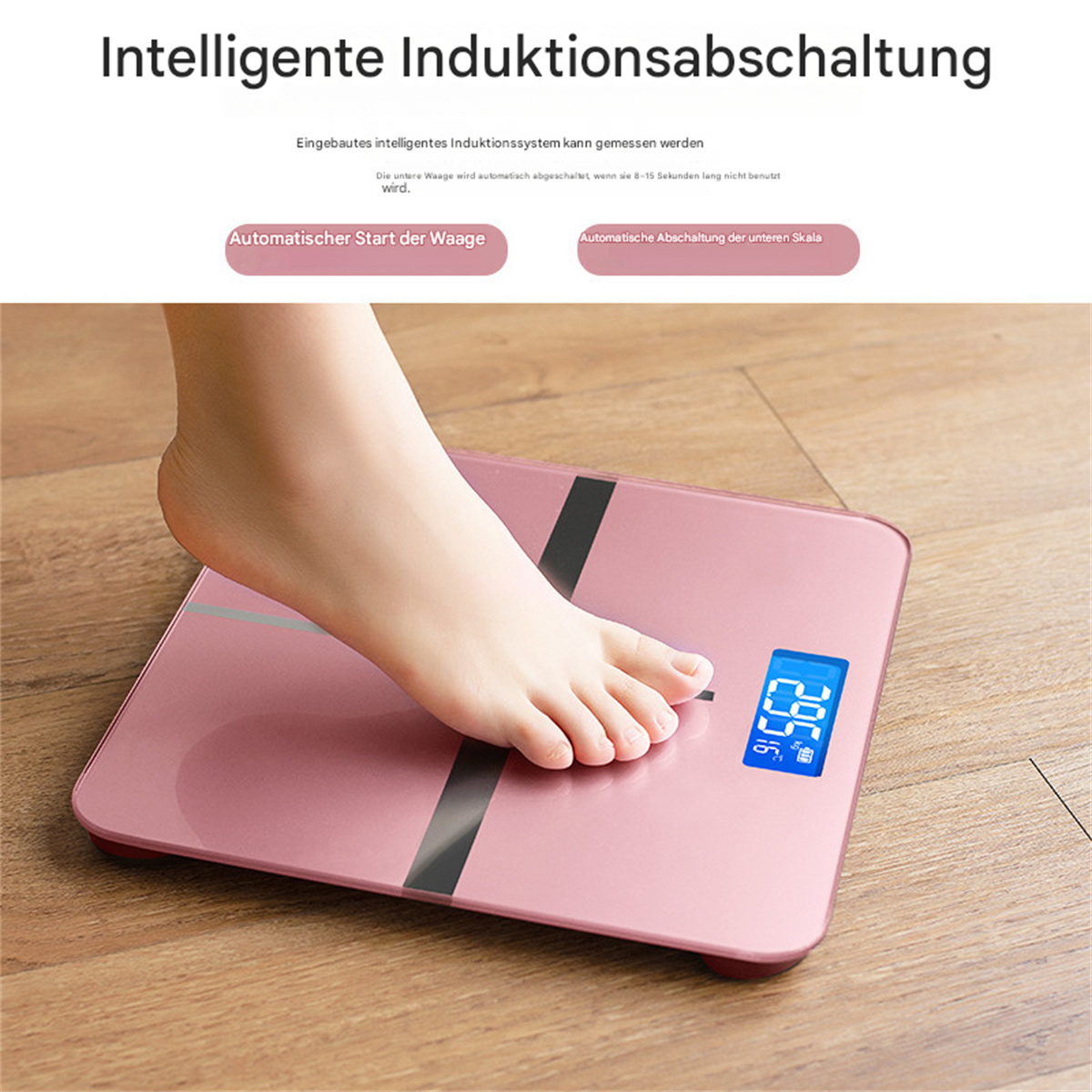 Ein Fuß auf einer pinkfarbenen Smartwaage. Digitalanzeige zeigt das Gewicht.