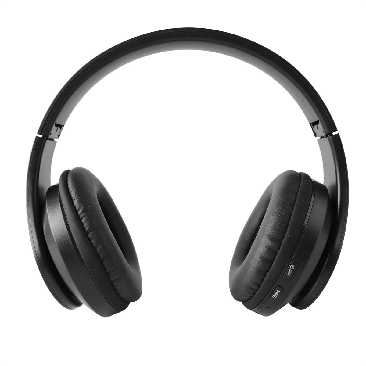 Schwarze Over-Ear-Kopfhörer auf weißem Hintergrund, Vorderansicht.