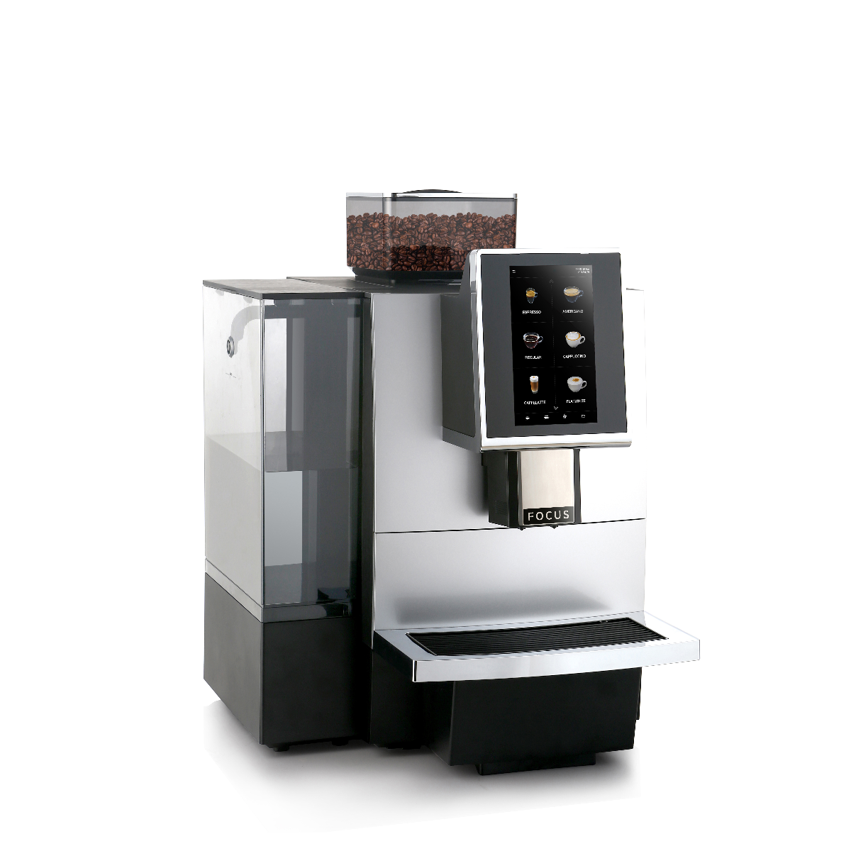 Eine moderne Kaffeemaschine mit Touchscreen. Sie hat einen Bohnenbehälter und einen schwarzen Sockel. Weißer Hintergrund.