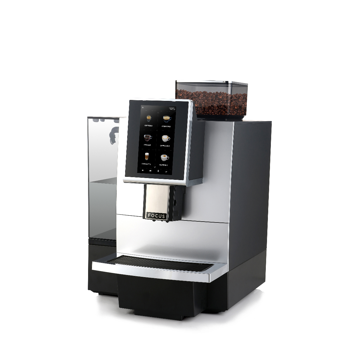 Kaffeemaschine mit Bohnenbehälter und Touchscreen auf weißem Hintergrund.
