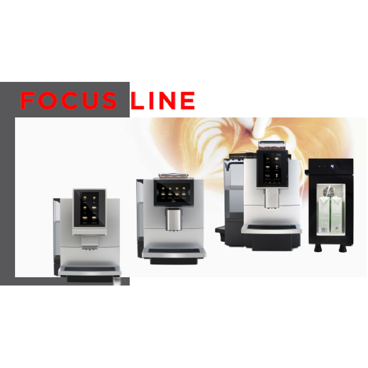 Kaffeemaschinen in einer Reihe mit den roten Worten 'FOCUS LINE' darüber.