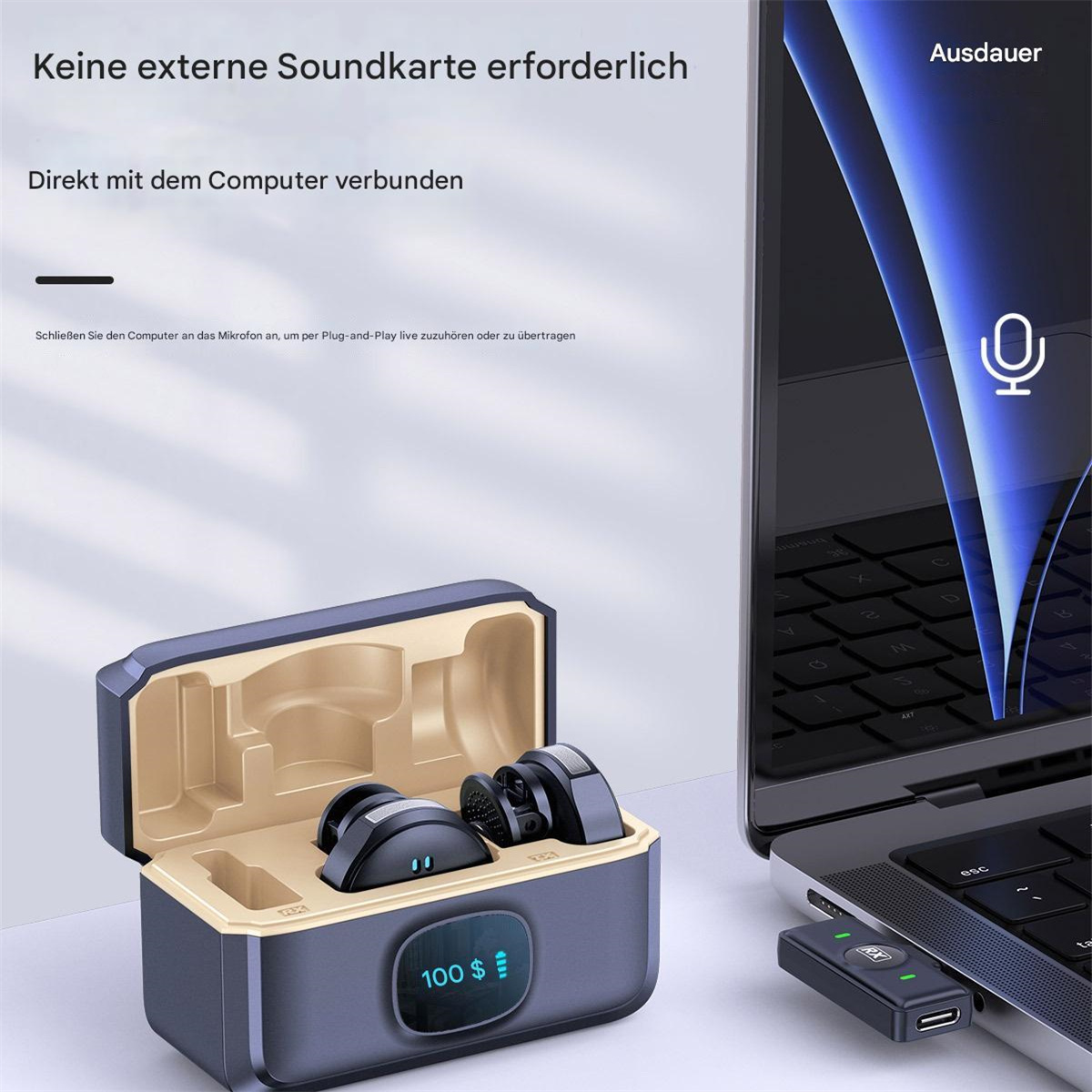 Zwei Ohrhörer mit einem Ladecase. Ein Laptop befindet sich auf der rechten Seite des Bildes.