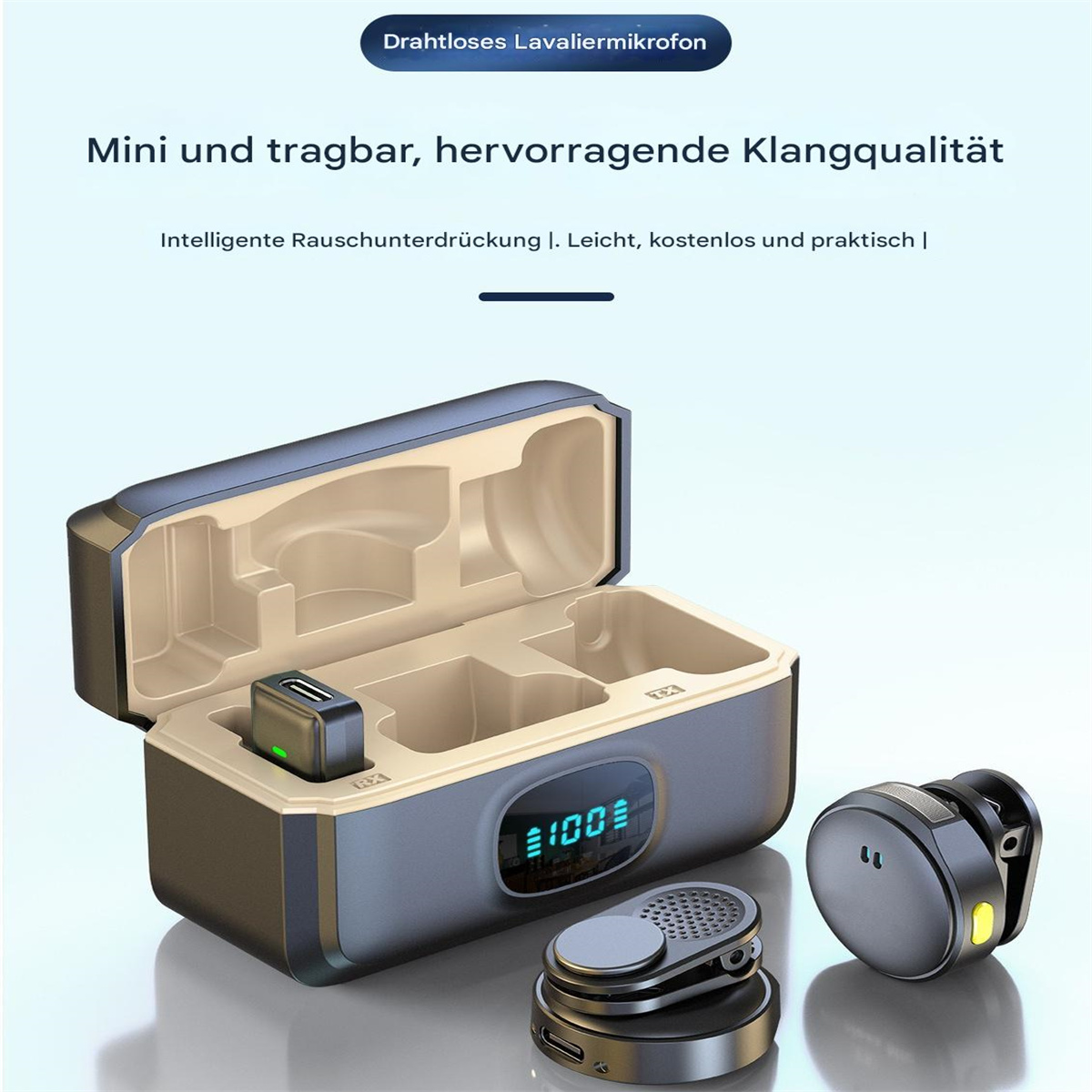 Kabelloses Ansteckmikrofon-Set, offenes Gehäuse, mit Anzeige von 100 % Ladung.