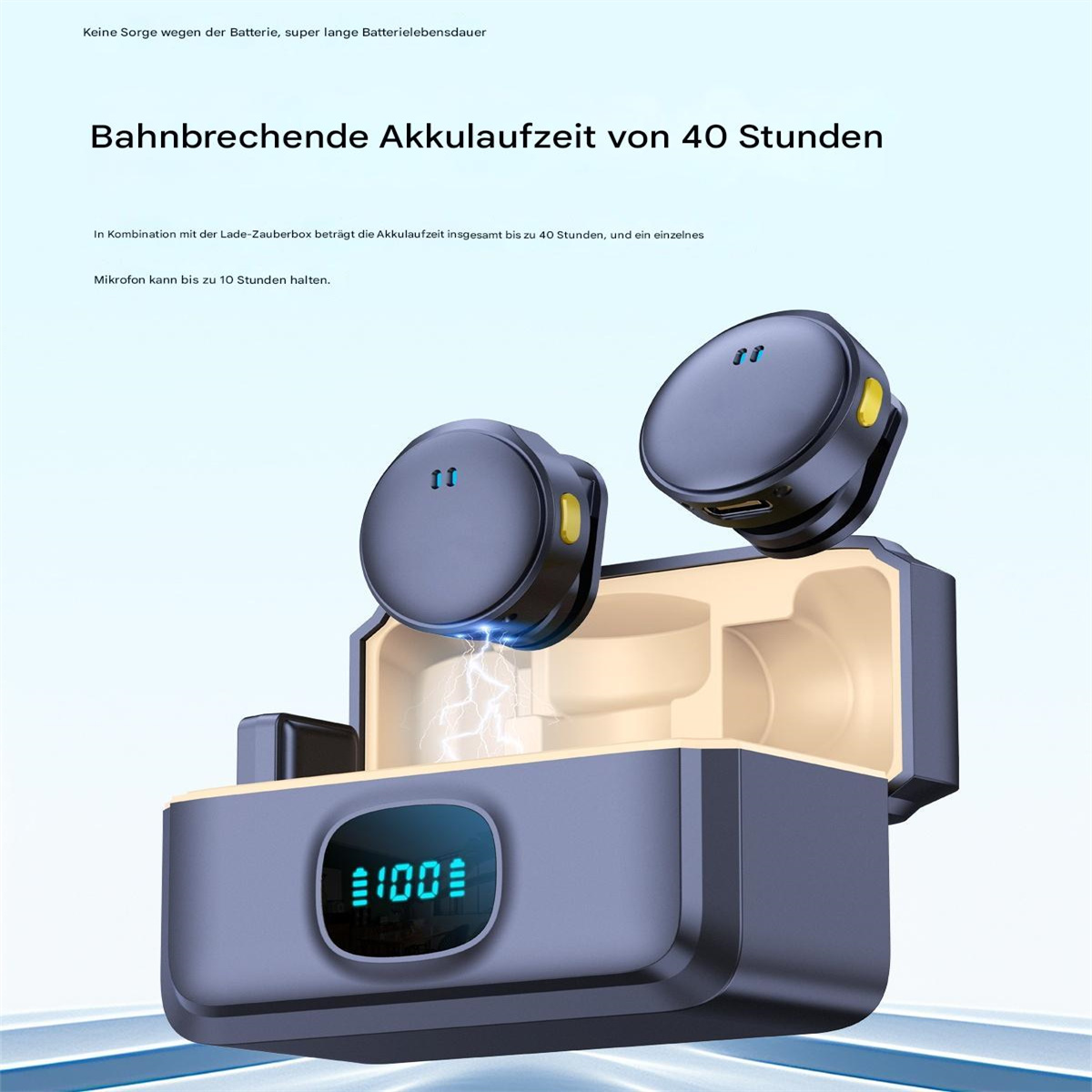 Kabellose Ohrhörer in einem Ladecase mit Anzeige des Akkuladestands.