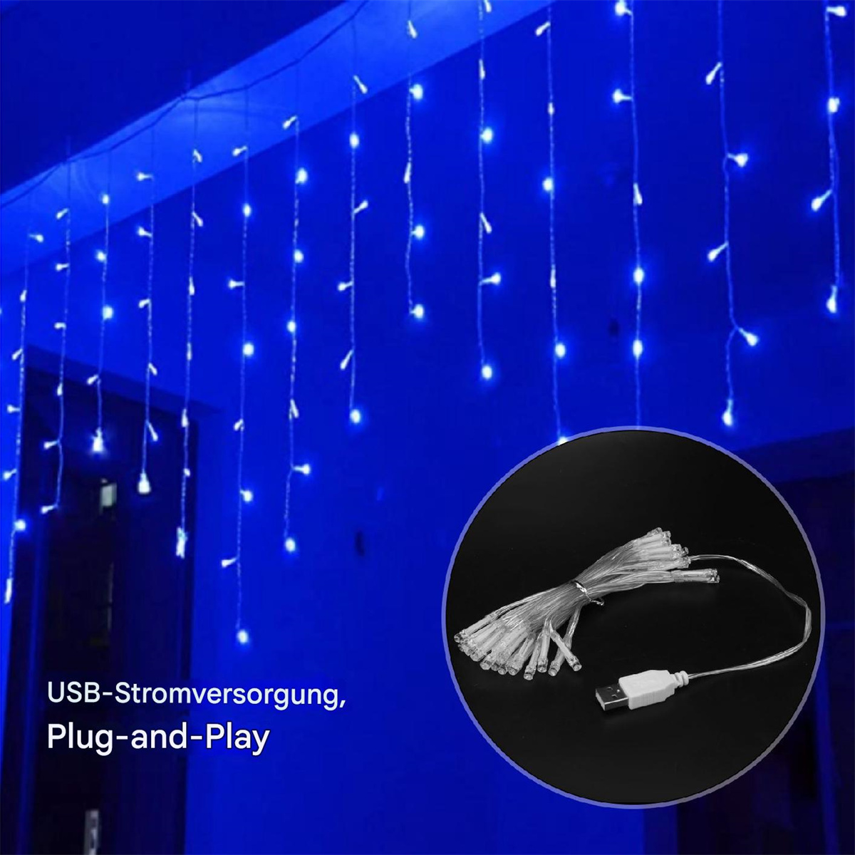 Blaue Lichter hängen mit einem USB-Kabel und einem weißen Stecker.