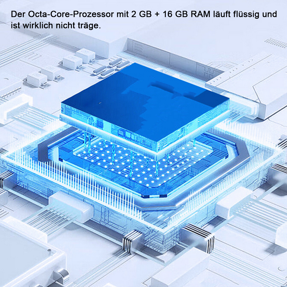 Un microchip illuminato con luci blu e bianche, che mostra intricate strutture interne.