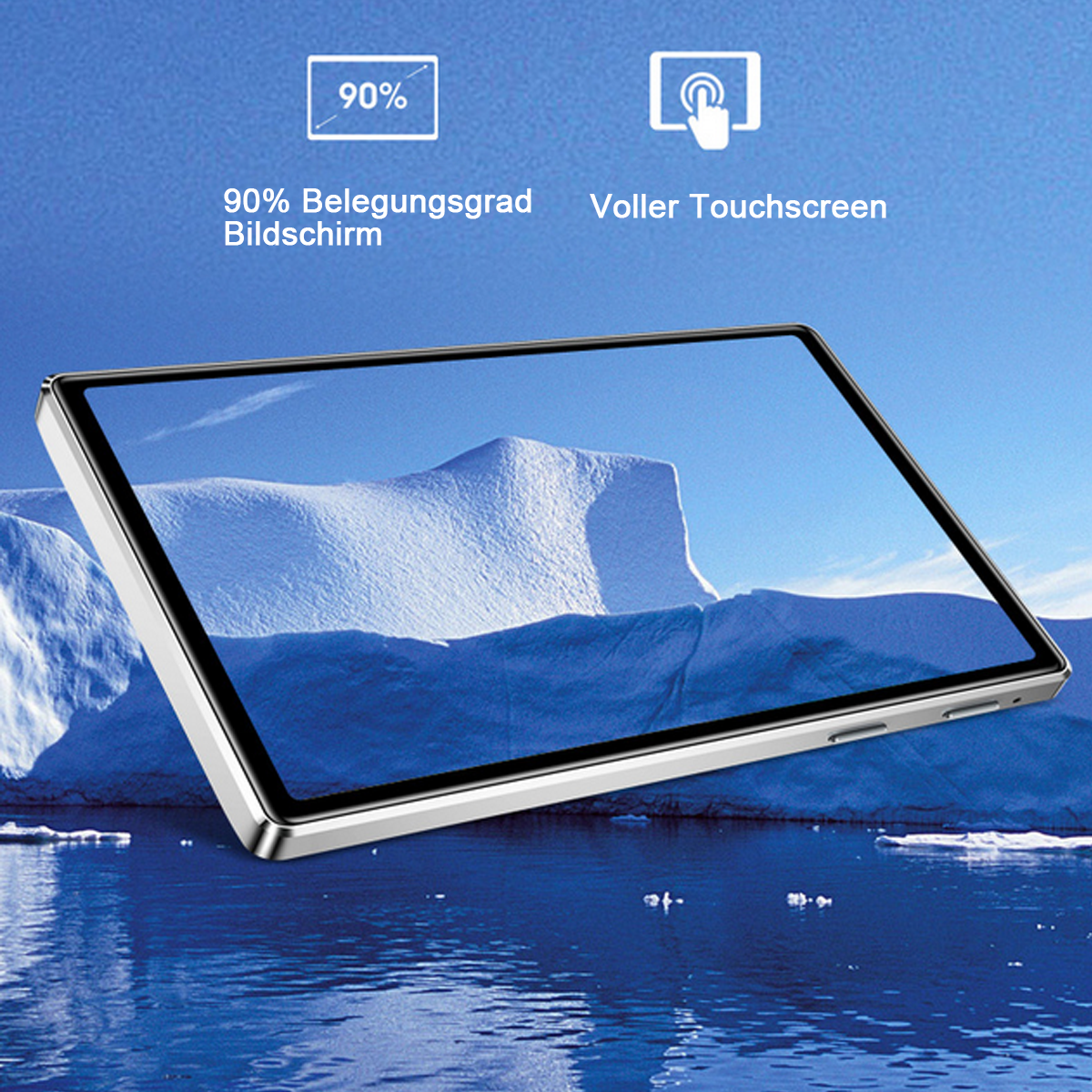 Un tablet mostra una scena di iceberg. Lo schermo ha un rapporto schermo-corpo del 90%.
