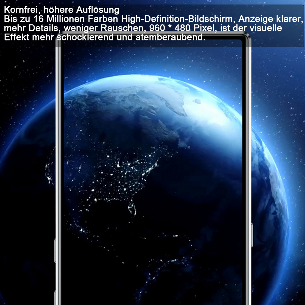 Uno schermo del telefono che mostra un'immagine della Terra di notte. Il telefono è su uno sfondo scuro e stellato.