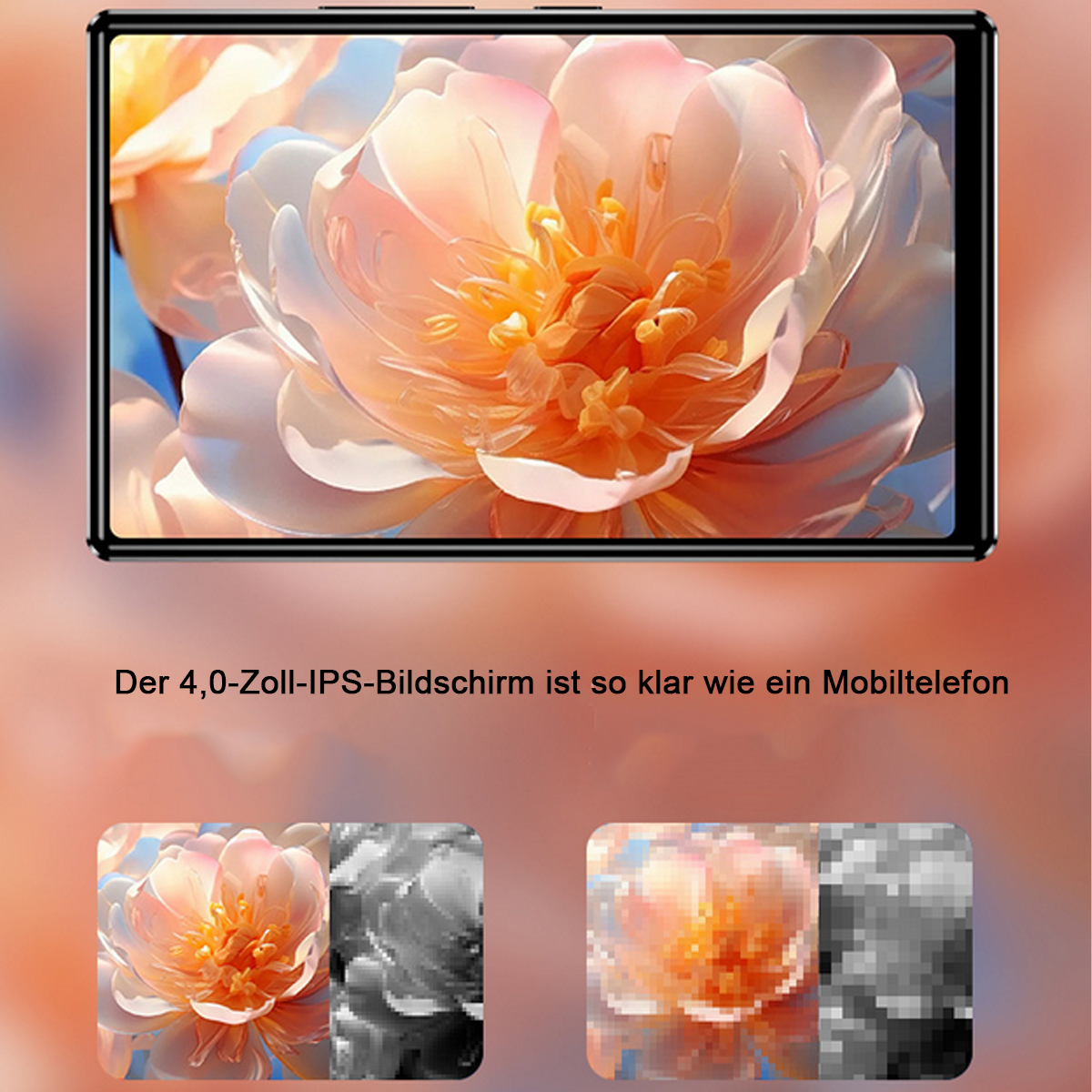Un telefono mostra un fiore con uno sfondo colorato. Lo schermo è nero.