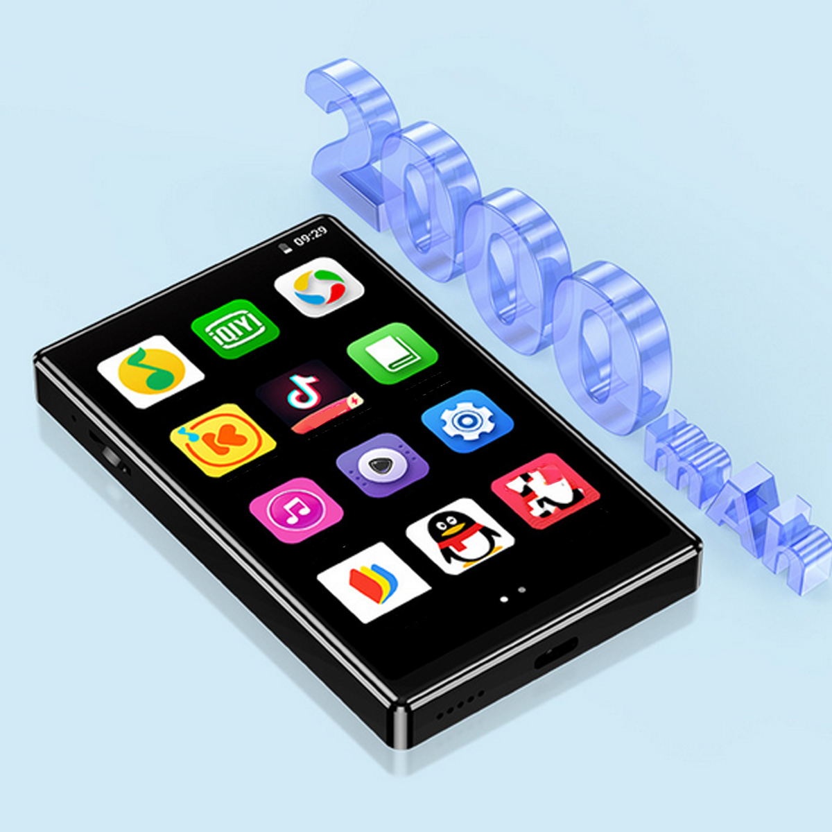 Smartphone nero con icone delle app sullo schermo. Grafica trasparente da 2000 mAh sullo sfondo.