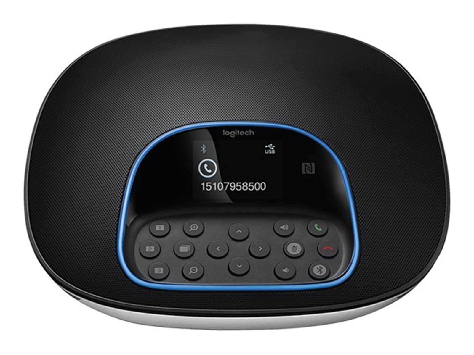 Ein schwarzes Logitech-Lautsprechertelefon mit Touch-Panel und Telefonnummer auf dem Bildschirm.