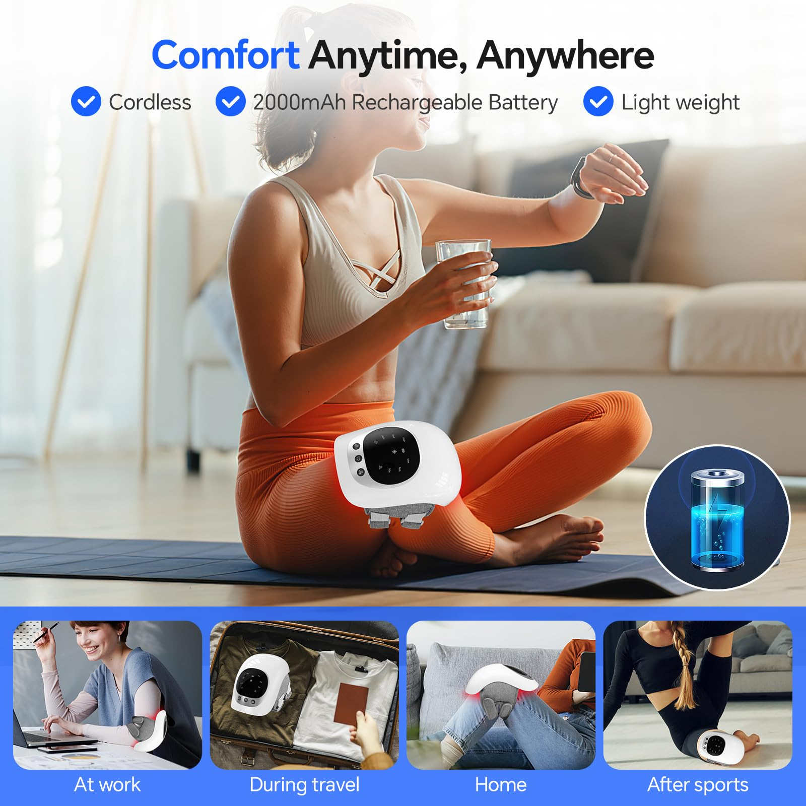 Woman wearing orange pants, using a white device.  Four smaller images show the device used at work, travel, home, after sports.