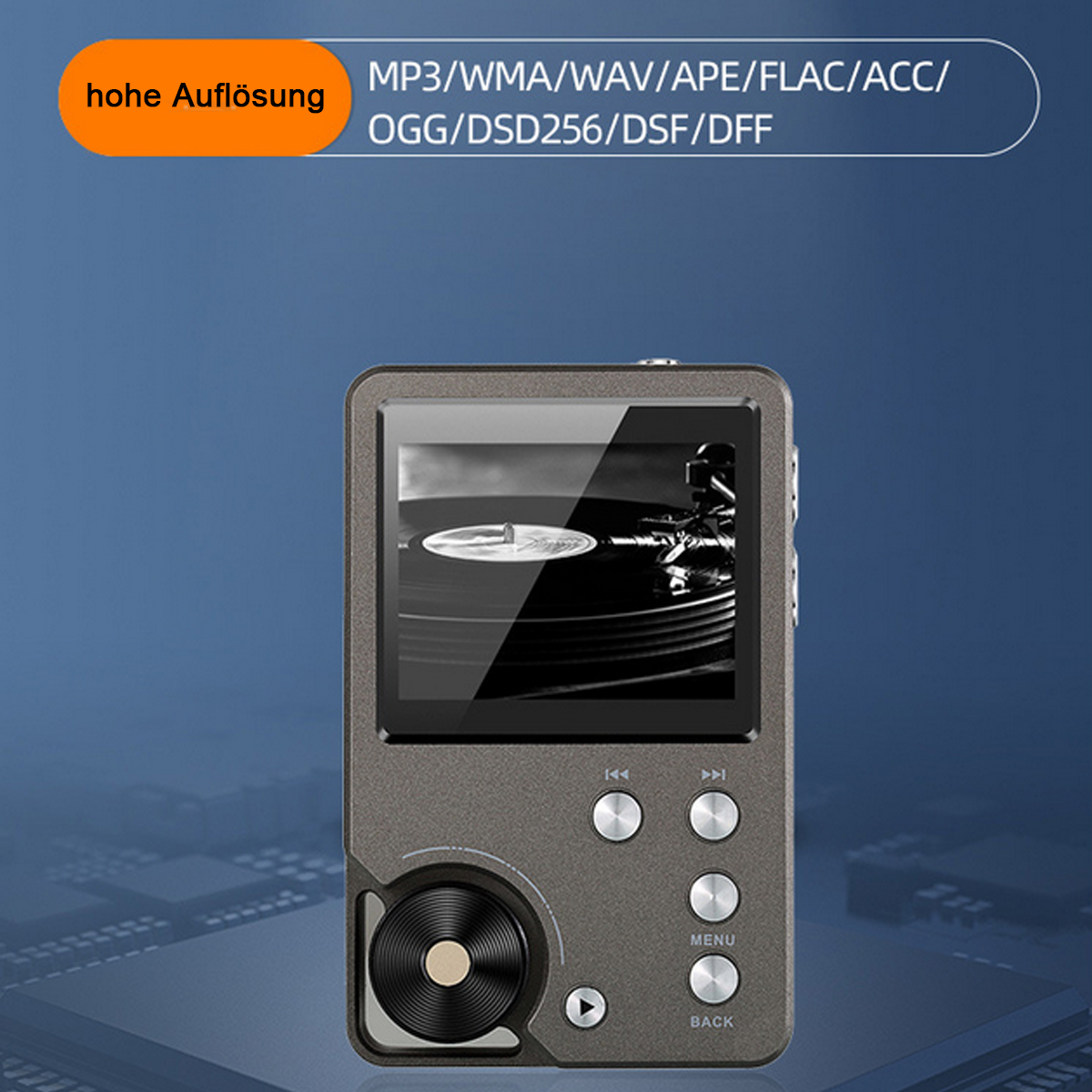 Lettore MP3 grigio scuro con controlli e un piccolo schermo. Testo: Alta risoluzione.