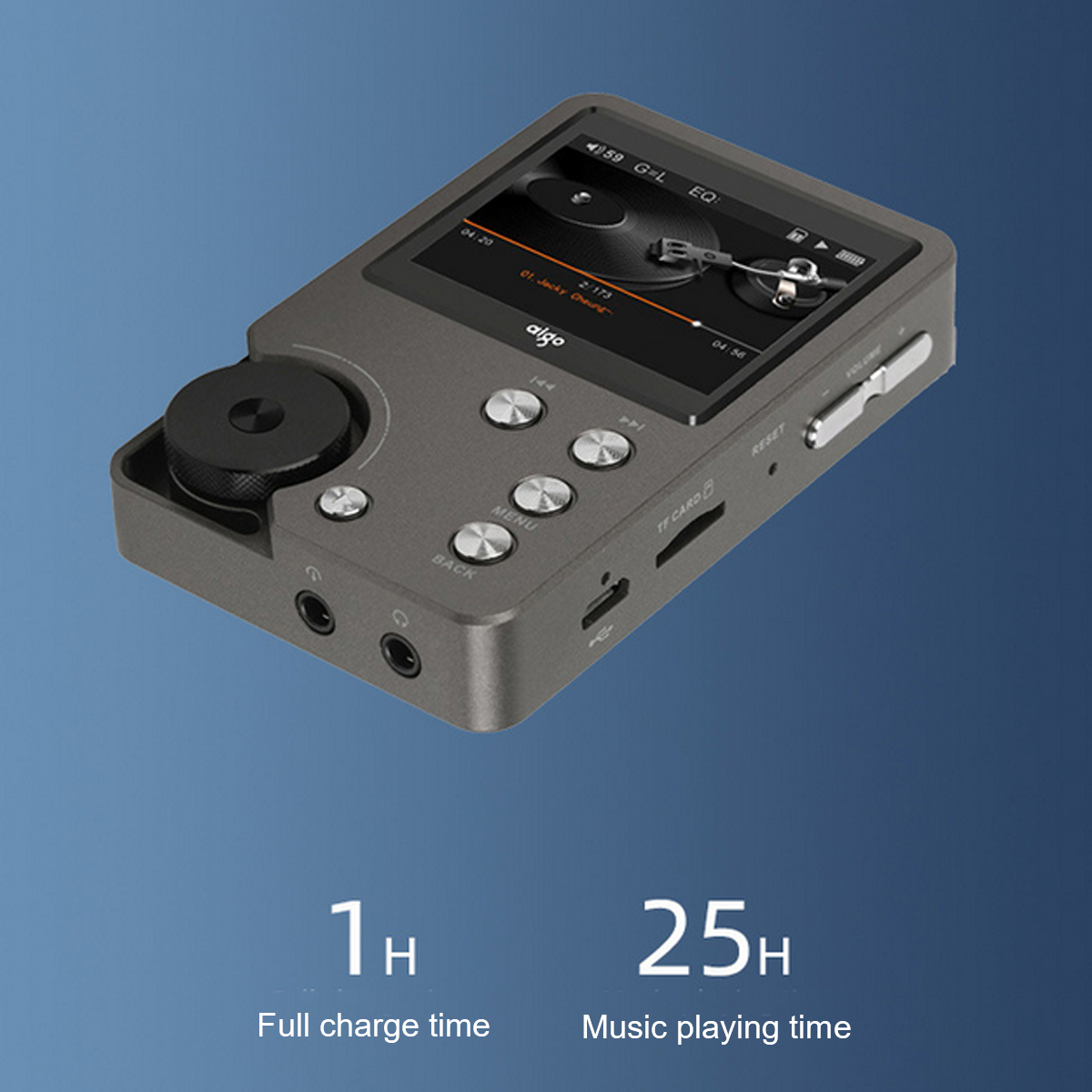 Lettore MP3 grigio scuro con schermo che mostra un'interfaccia musicale. Visualizza tempo di carica e riproduzione.