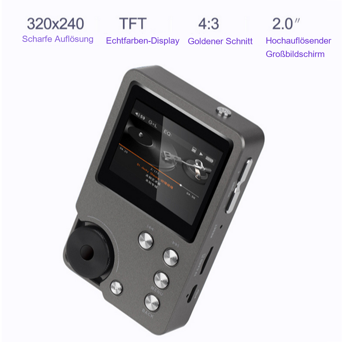 Un lettore MP3 argentato con pulsanti e un piccolo schermo. Viene visualizzato testo in tedesco.