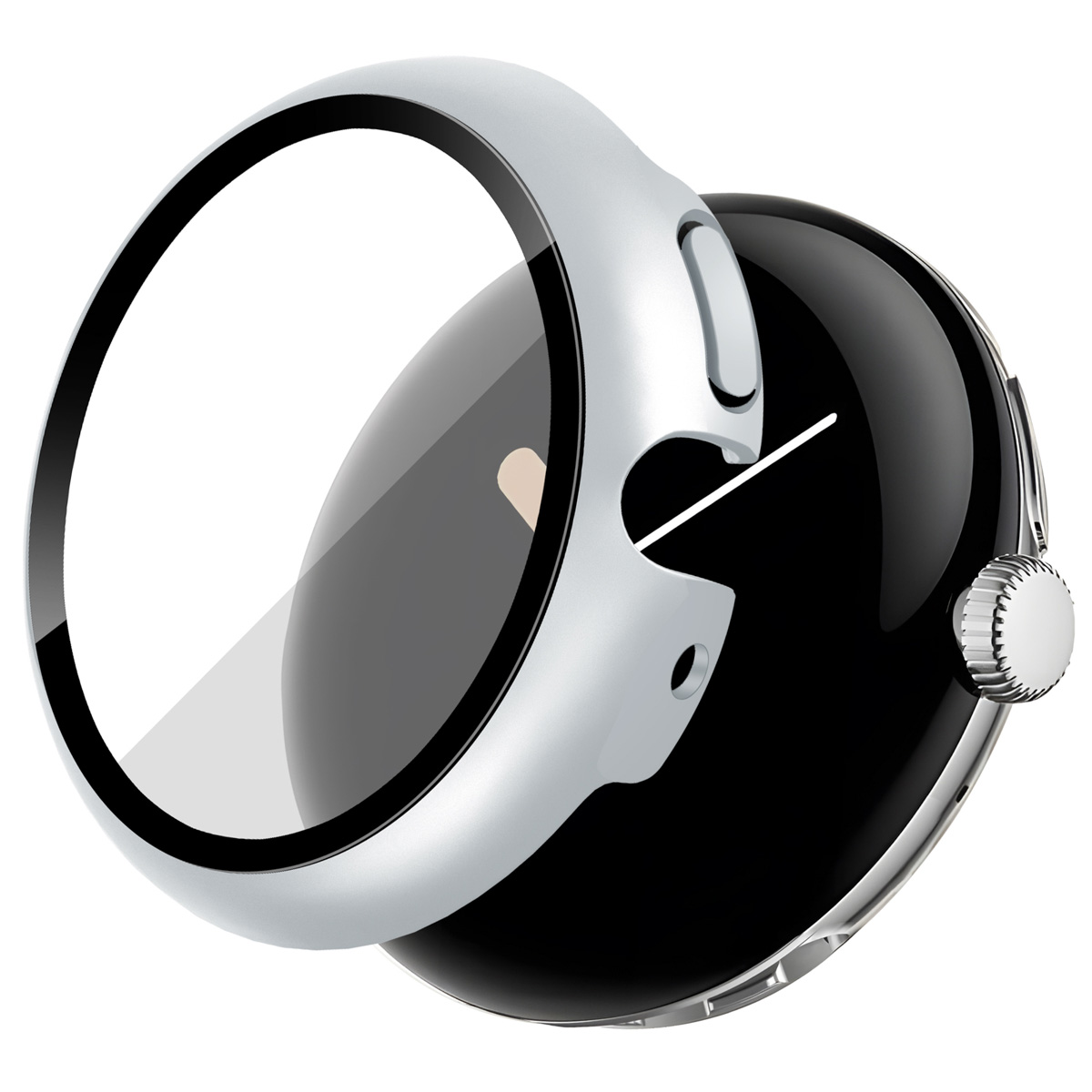 Zilveren smartwatch-hoes met een heldere schermbeschermer.