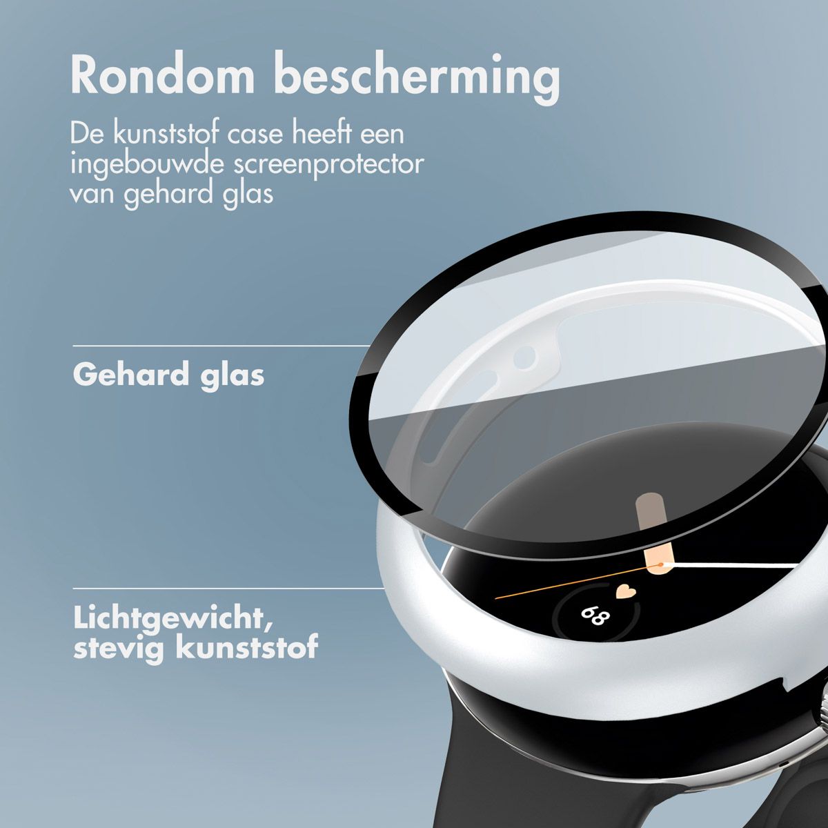 Een smartwatch met een beschermhoes, met het scherm en de details van de hoes.