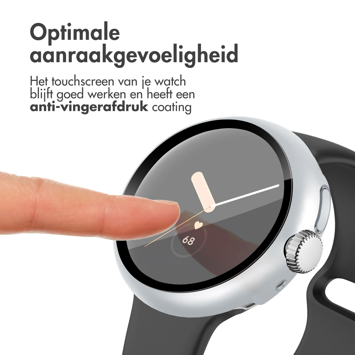 Een smartwatch met een zwarte band. Een vinger raakt het scherm aan.