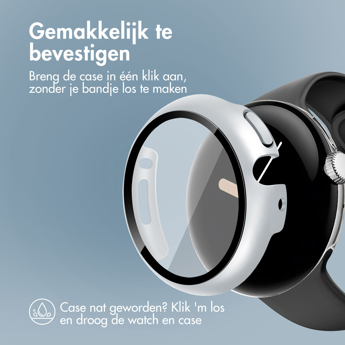 Een horloge met een schermbeschermer, met tekst in het Nederlands, op een blauwe achtergrond.