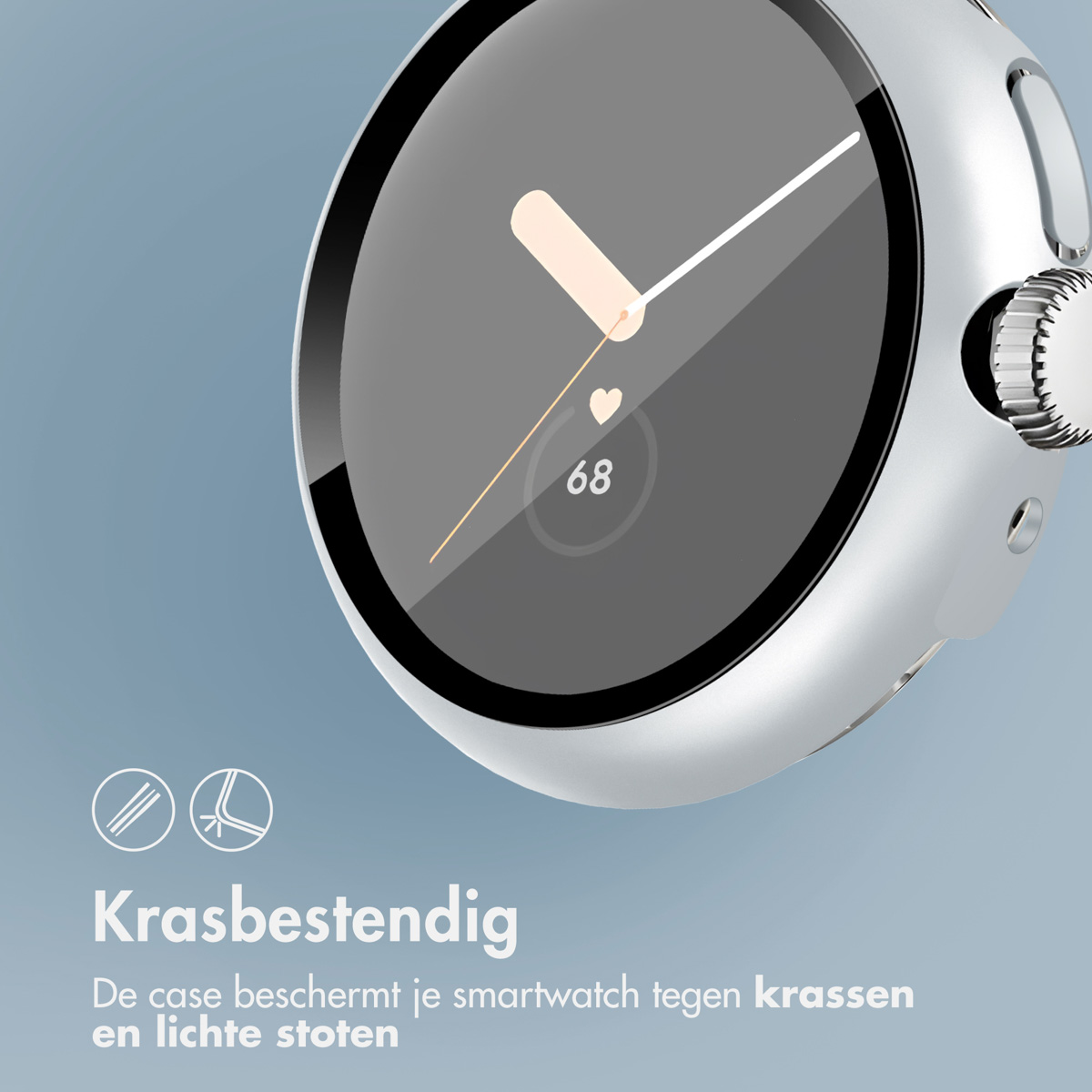 Zilveren smartwatch met een ronde wijzerplaat, en de tekst 'Krasbestendig'.