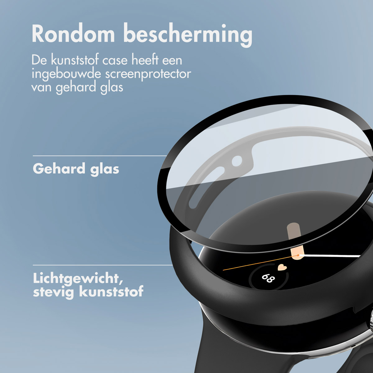 Smartwatch met schermbeschermer. Tekst: 'Rondom bescherming', 'Gehard glas', 'Lichtgewicht, stevig kunststof'.