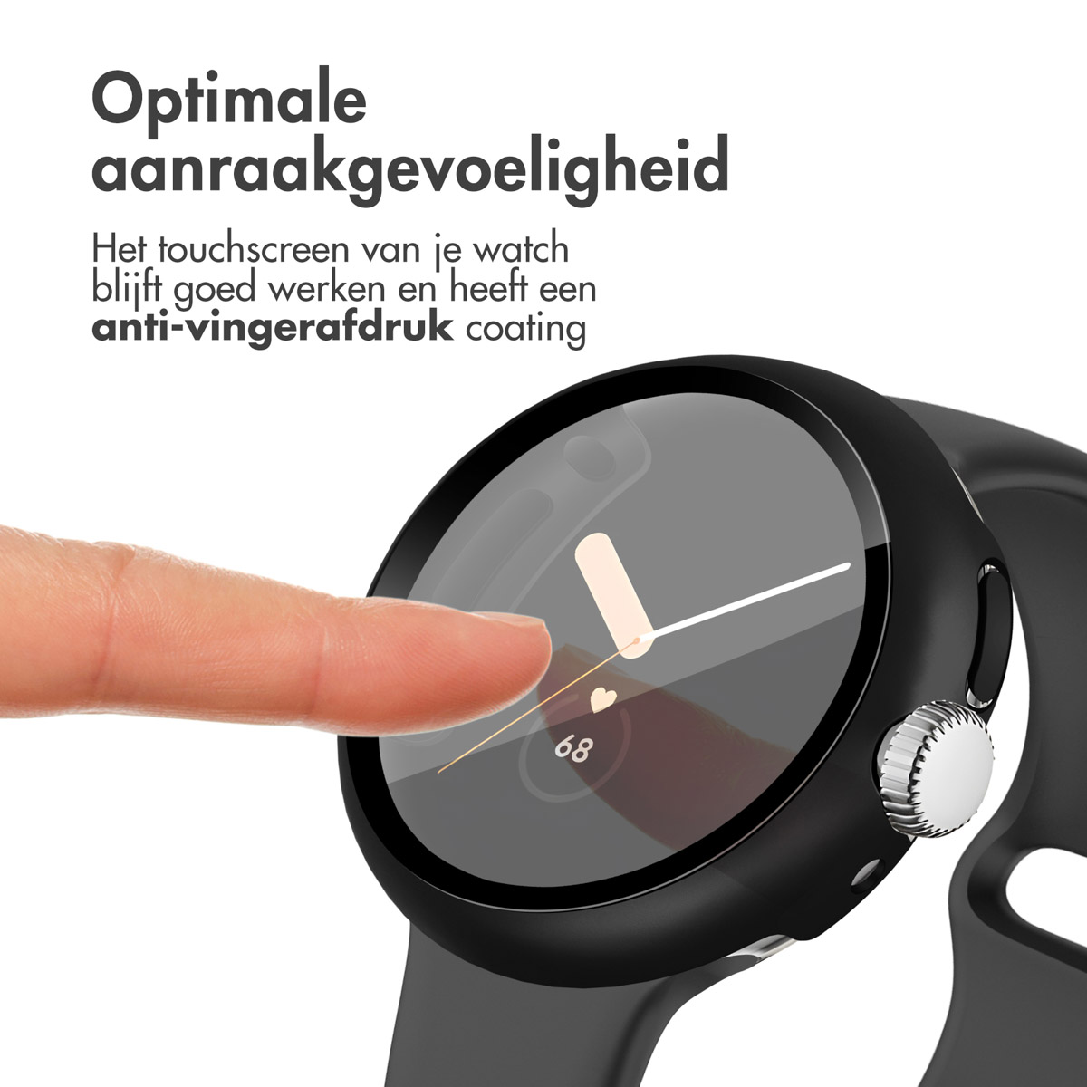 Een vinger raakt een zwart smartwatch-scherm aan. Tekst: Optimale aanraakgevoeligheid.